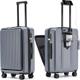 Winsoyya Suitcase Trolley Carry on Hand Cabin Luggage Hard Shell Travel Bag Lightweight, Silent Wheels Carry on Suitcase, with Cup Holder & USB Port, Front Pocket, 20 inch (Blue)